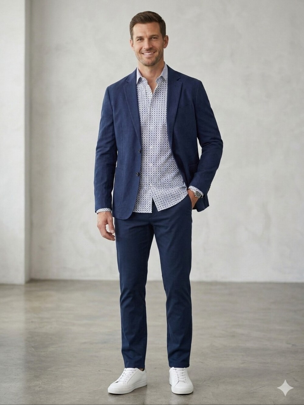 Kenneth Cole White Blue Geometric Awearness Stretch Performance Med. Slim Fit